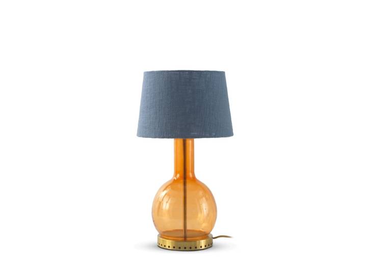 Lampe à poser en verre cristal orange avec abat-jour en coton bleu