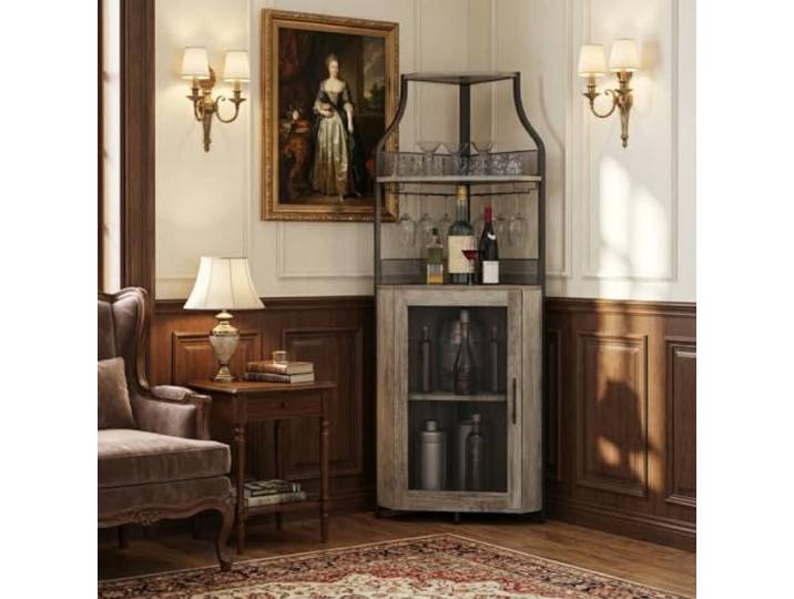 Litake Eckbar-Kommode, Flaschenregal Mit Verstellbaren Regalen, 5-Schichten Landhausweinkommode Mit Verschließbarem Tür Und Verstellbaren Füßen Für Esszimmer, Wohnzimmer, Küche, Gray