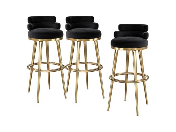Guyifuny Barhocker Samt und Metall 3er Set Niedrige Rückenlehne Weicher Samtbezug, dichte Polsterung, niedrige Rückenlehne für langen Sitzkomfort, Metallgestell(Black,25.6in)