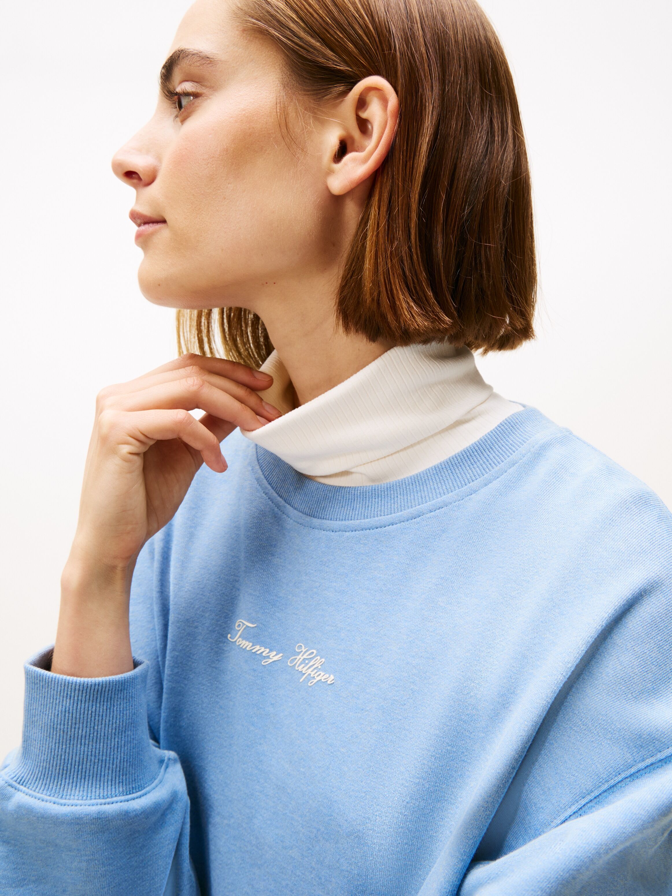 Sweatshirt TOMMY HILFIGER "CLASSIC SCRIPT TERRY SWEATSHIRT", Damen, Gr. L (40), blau (brisk blau heather), Sweatware, Obermaterial: 100% Baumwolle, meliert, Rundhals, Rippbündchen, Sweatshirts Sweatshirt brisk blau heather L (40)