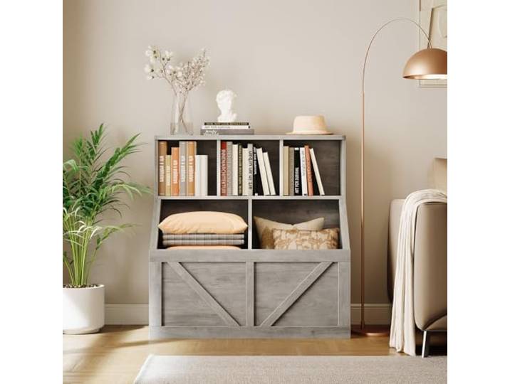 IDEALHOUSE Kippsicheres Kinder Bücherregal, Spielzeugregal Kinderregal Mit Aufbewahrungsschrank, 2 Fächer, Holzwerkstoff, für Kinderzimmer/Spielzimmer/Kita