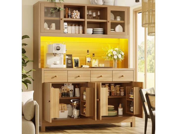Buffet de Cuisine Haut 140x38 5x180cm avec LED RGB Buffet Cuisine Rangement avec Portes Vitrées 4 Tiroirs étagères Réglables