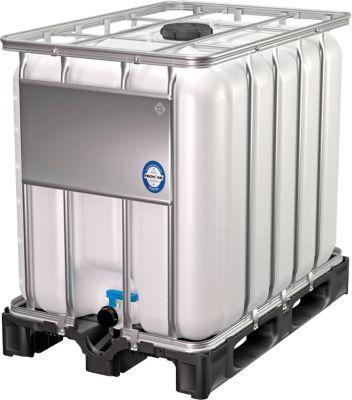 IBC Container, 600 Liter, HDPE, stapelbar, Auslaufventil, auf Kunststoffpalette, B 1200 x T 800 x H 1013 mm