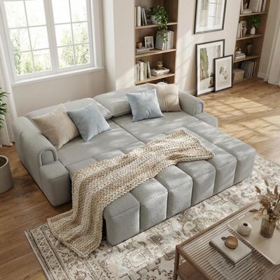 "Homy Casa 90"" 4-Seater Teddy Fabric Sofa with Hidden Seat Storage, 3-in-1 Convertible Sleeper Couch, Beige/Grey/Black"
