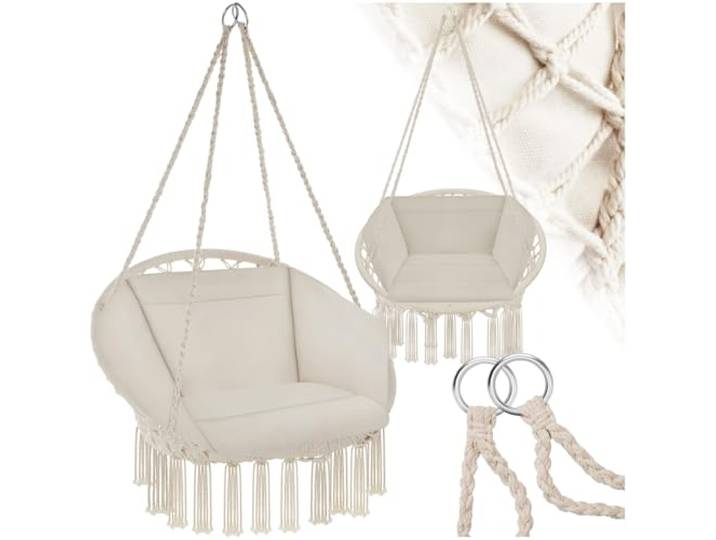 tectake® Fauteuil Suspendu Relax Design Intérieur & extérieur\, Fauteuil Relax\, Fauteuil de Lecture Cocooning 1 Place\, Coussin Chaise XXL Moelleux Inclus - Beige