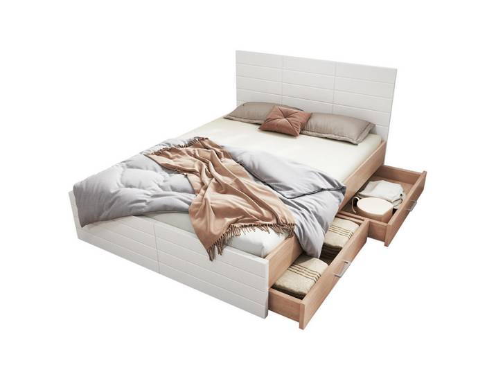 Okwish Doppelbett 160/200 cm Weiß und Eiche mit 2 Schubladen und Lattenrost, 160x200 cm, Schlafzimmer, Betten