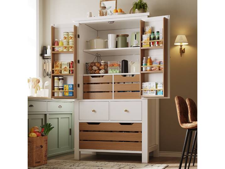 Armoire de cuisine 80x40x140cm, Buffet polyvalent, armoire à collation, meubles de rangement avec deux portes et cinq tiroirs, noir/blanc