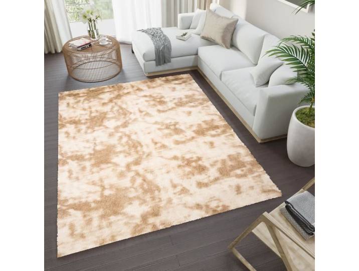 TAPISO Silk Dyed Tapis Salon Chambre Beige Moucheté Antidérapant Shaggy Moelleux 140x200 cm