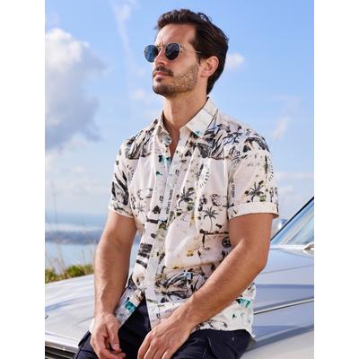 Kurzarmhemd LERROS "Leichtes Kurzarmhemd im Hawaii-Look für kühlen Komfort", Herren, Gr. L, Normalgrößen, bunt (broken weiß), 97% Baumwolle, 3% Elasthan, Hemden