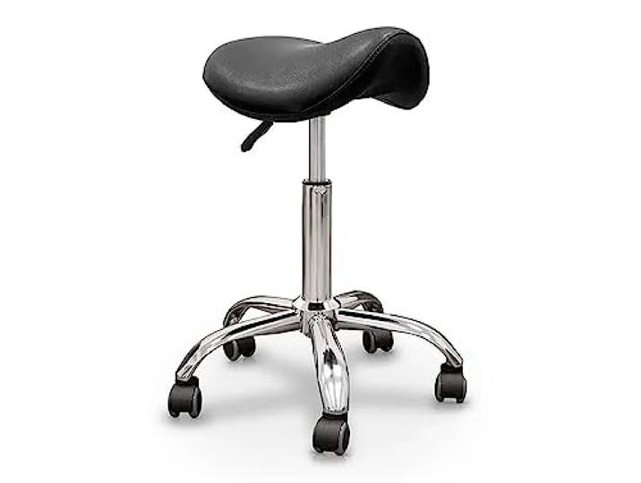 Quirumed Pony-Hocker, Chromgestell mit 5 Rädern, Schwarze Farbe, ergonomisch, leicht, höhenverstellbar, hochdichte Polsterung, Kunstleder, bis zu 150 kg
