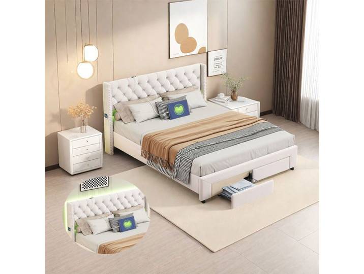 Lit Capitonne 160x200cm avec Sommier Lit Double avec LED et USB Décoration de Rivets Lit Adulte avec 2 Tiroirs Beige Velours