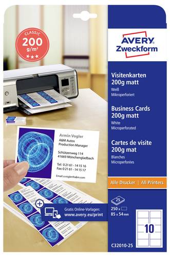 Avery-Zweckform C32010-25 Bedruckbare Visitenkarten, microperforiert 85 x 54mm Weiß 250 St. Papierformat: DIN A4