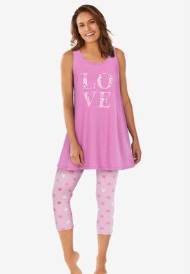 Plus Size Women's Scoopneck Tank & Capri Legging PJ Set by Dreams & Co. in Peony Pink Love (Size 38/40) Pajamas