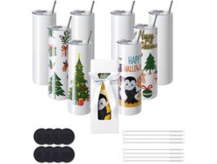VEVOR 8er-Pack Gerade Sublimationsbecher, 887 ml Blanko-Becher, Edelstahl-Doppelwandbecher mit Strohhalm, Deckel, Bürste, Boden, Schrumpffolie, Geschenkbox, für Wärmepresse & Wärmeübertragung