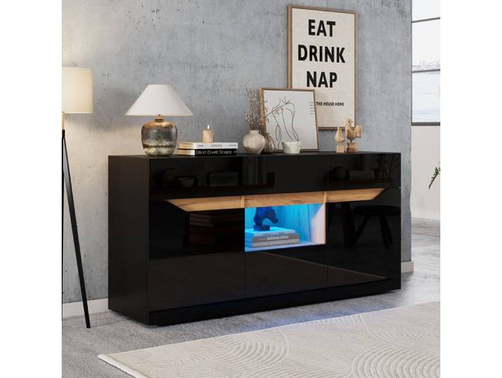 Buffet bahut - Becag - Buffet de salon moderne avec LED et 4 tiroirs - Buffet bas avec 2 portes- 140x40x70cm - Noir+Couleur bois