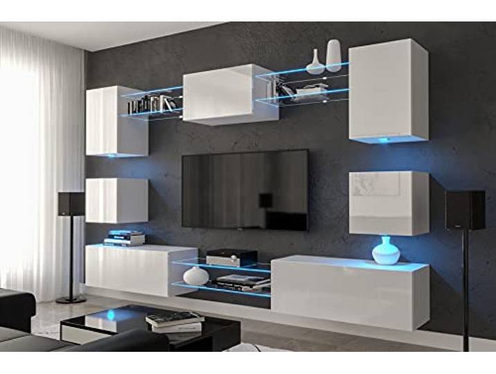 Nowara Wohnwand Modern mit LED RGB - 16 Farben Hängend Wohnzimmer Schrankwand mit Regale und TV Schrank