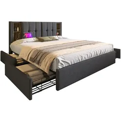 OKWISH Doppelbett 160x200 cm Grau Leinen Polsterbett mit kabellosem Laden, USB-Anschlüssen und 4 Schubladen, modernes Schlafzimmerbett mit Stauraum