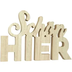 Schriftzug Schön HIER aus Holz - Aufsteller Dekoration für gemütliche Atmosphäre & Wohlfühlmomente - Braun/Weiss Patina - 29x18,5x1,8cm
