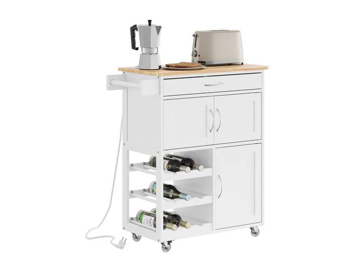 SoBuy Küchenwagen mit Steckdose und Weinregal Fkw45-E, Weiß, Holzwerkstoff, 3 Fächer, 1 Schubladen, Rechteckig,Rechteckig, Rollen, 75x87x37 cm, Esszimmer, Servierwagen
