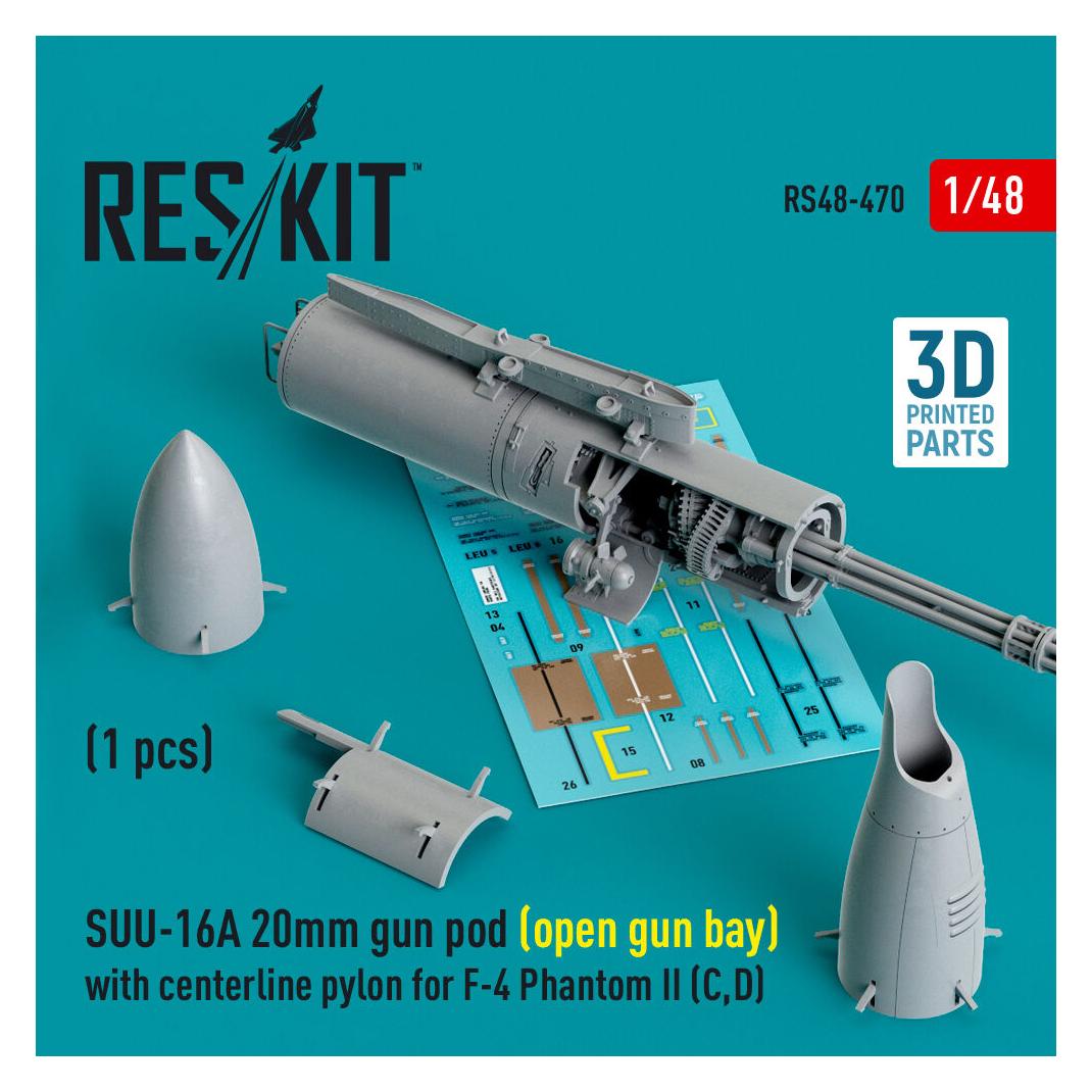 ResKit SUU-16A 20mm gun pod (open gun bay) with centerline pylon for F-4 Phantom II (C,D) (1 pcs) (3D Print (RS48-0470)