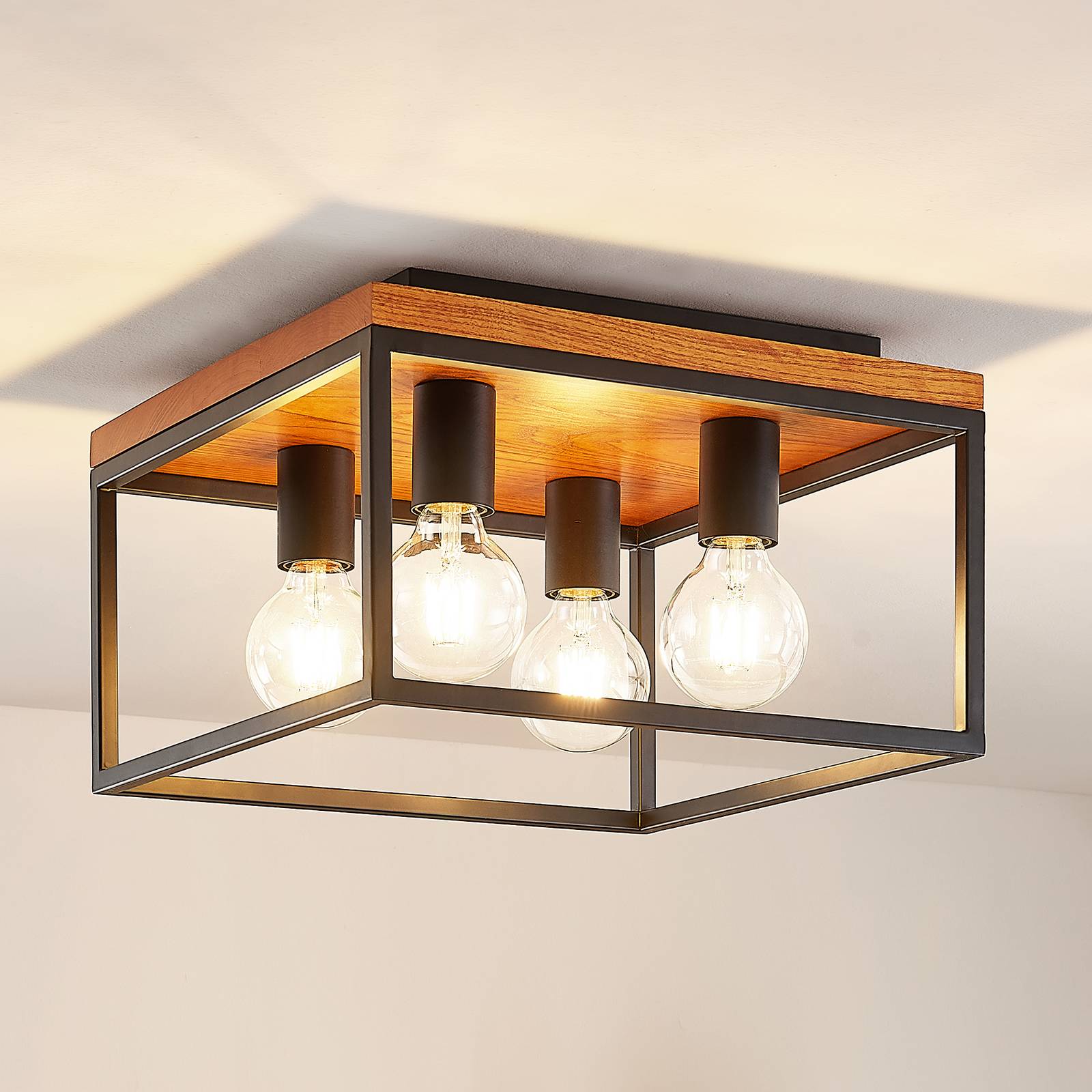 Deckenlampe Miravi Lindby, dimmbar, schwarz, für Wohn- / Esszimmer, Holz, Modern, Deckenlampe