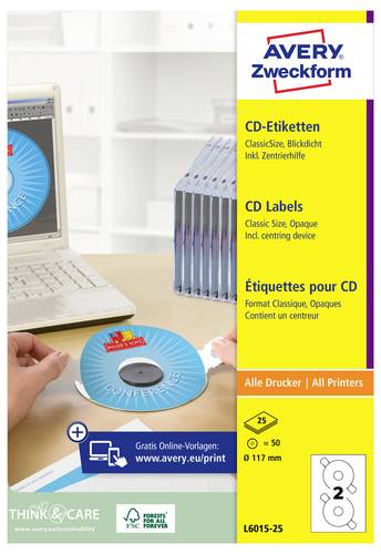 Avery-Zweckform L6015-25 CD-Etiketten Ø 117mm Papier Weiß 50 St. Permanent haftend Tintenstrahldrucker, Laserdrucker