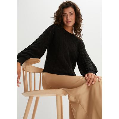 Ajourpullover BONPRIX "Ajour-Pullover", Damen, Gr. 32/34 (XS), schwarz, Strick, Obermaterial: 100% Polyacryl, unifarben, lässig geschnitten hüftbedeckend, Rundhals, weit Strickbündchen, Pullover, lässige Passform, Ballonärmel, tolles Ajour-Strickmuster