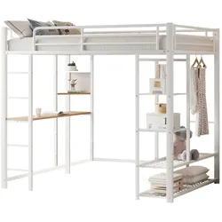 OKWISH Multifunktionales Hochbett 90x200 cm mit Arbeitstisch, Regalen und Kleiderschrank, stabiles Metallgestell, platzsparend, Weiß