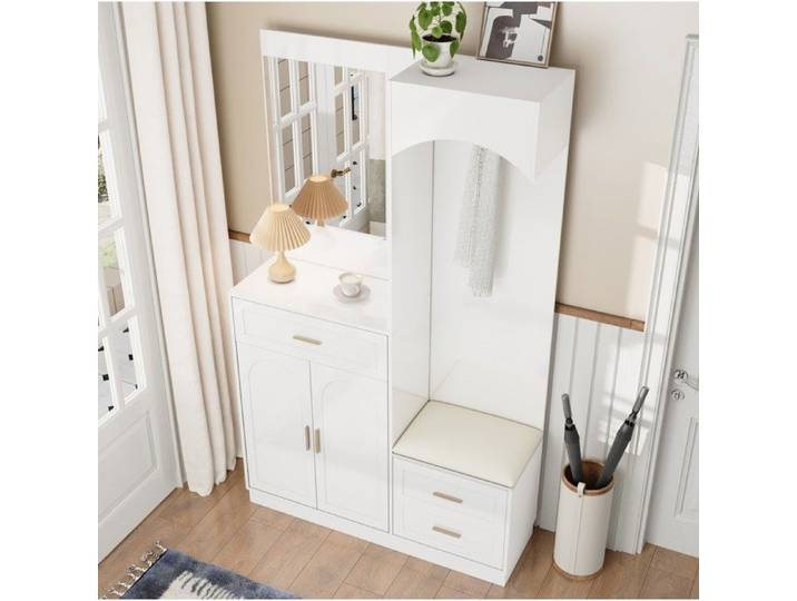 VUENOR meuble d'entrée blanc compact avec miroir vestiaire banc à chaussures et rangements