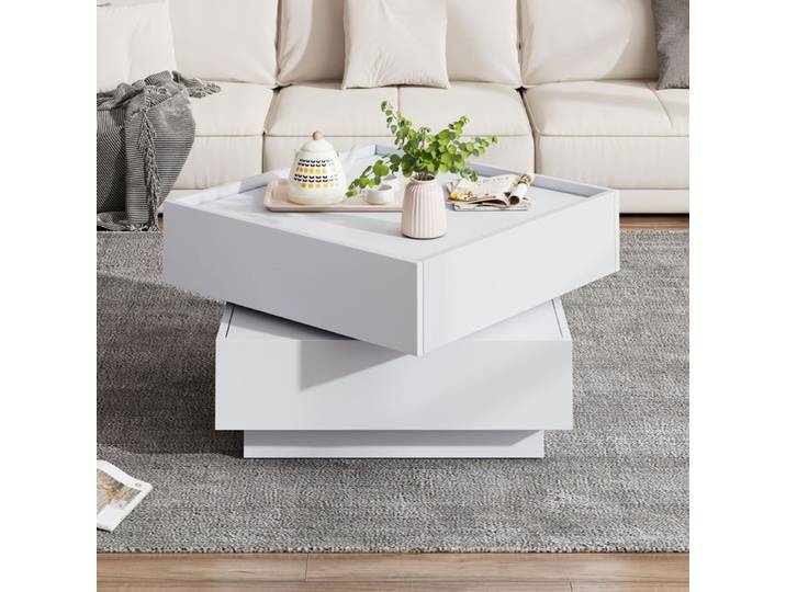 Table Basse Salon Carré avec 2 Tiroirs et Table pivotante à 360° Table d'appoint Design Moderne 60x60x38cm Blanc