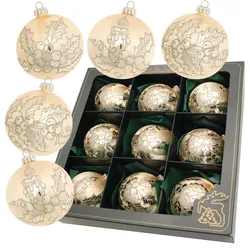 Krebs Glas Lauscha Eislack Gold 8cm Glaskugelsortiment 9-teilig, mundgeblasen und aufwendig handdekoriert