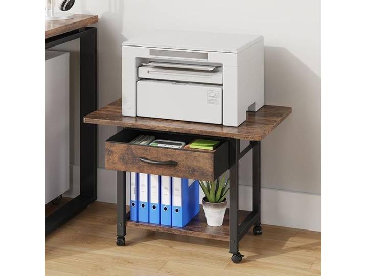 Support Imprimante 2 Niveaux avec roulettes et Tiroir Meuble pour Imprimante Bureau 56x38 cm Organisation Scanner Fax Brun