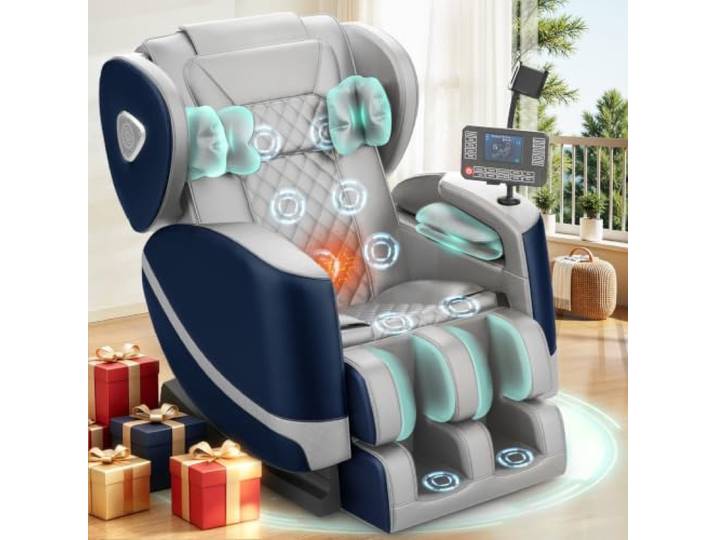 F FURNIMAT Massagesessel, Ganzkörper-Massagestuhl mit 14 Rollen, 8 Komfort-Luftkissen & Zero Gravity– Bluetooth Lautsprecher, Touchscreen, Handyhülter, Wärme für Lenden und Beine