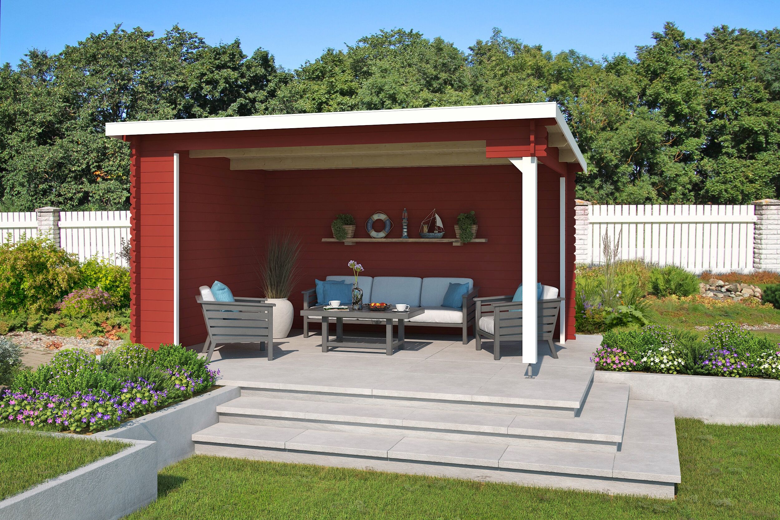 Gartenhaus LASITA MAJA "Unterstand Columbus", rot (schwedenrot), ohne Dacheindeckung, Massivholz, Gartenhäuser, Gartenhaus, Unterstand / Lounge 34mm