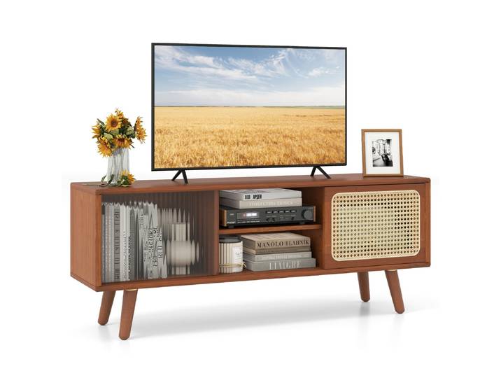 Bamboe TV-kast met Rieten en Glazen Schuifdeur TV Lowboard Televisietafel Televisiekast Bruin