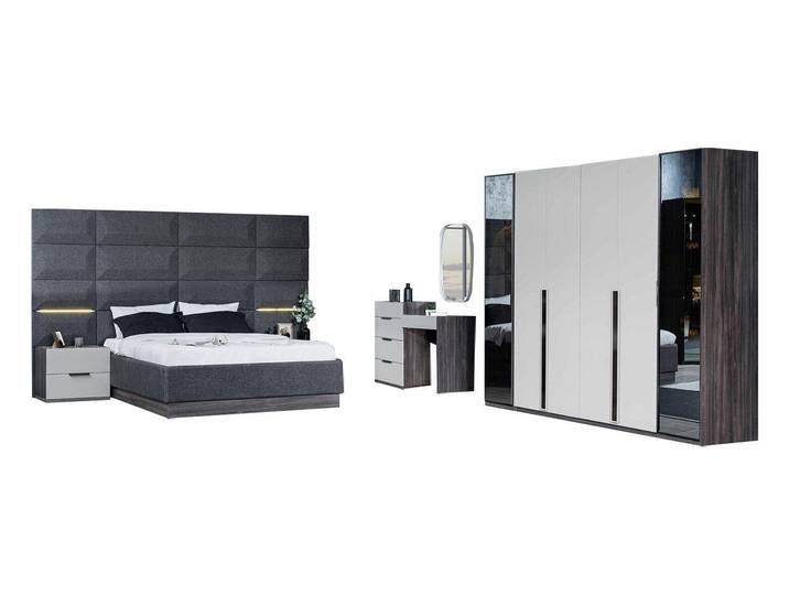 Xlmoebel Komplettschlafzimmer Elegantes Schlafzimmermöbelset in modernem Design, (8-tlg., Bett/Kommode/2x Nachttisch/Hocker/Schminktisch/Schrank/Spiegel), Hergestellt in Europa