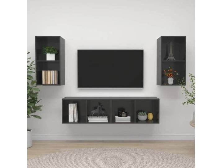 Meubles TV muraux 4 pcs Gris brillant Aggloméré