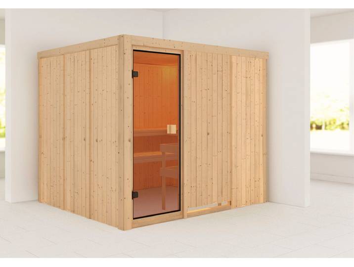 Sauna KARIBU Nybro , beige (naturbelassen), (ohne Ofen), Saunen, Sauna, inklusive Ofenschutzgitter und Tür