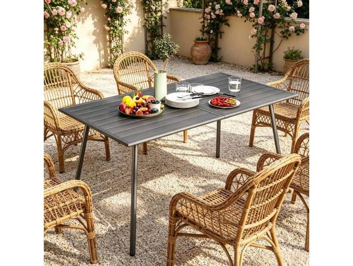 Table de jardin rectangulaire 6 personnes en acier 150×80×74 cm grise pour terrasse et jardin - UVRION