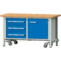 Werkbank fahrbar grau-blau 1500x700x40 1Tür 3 Schubladen