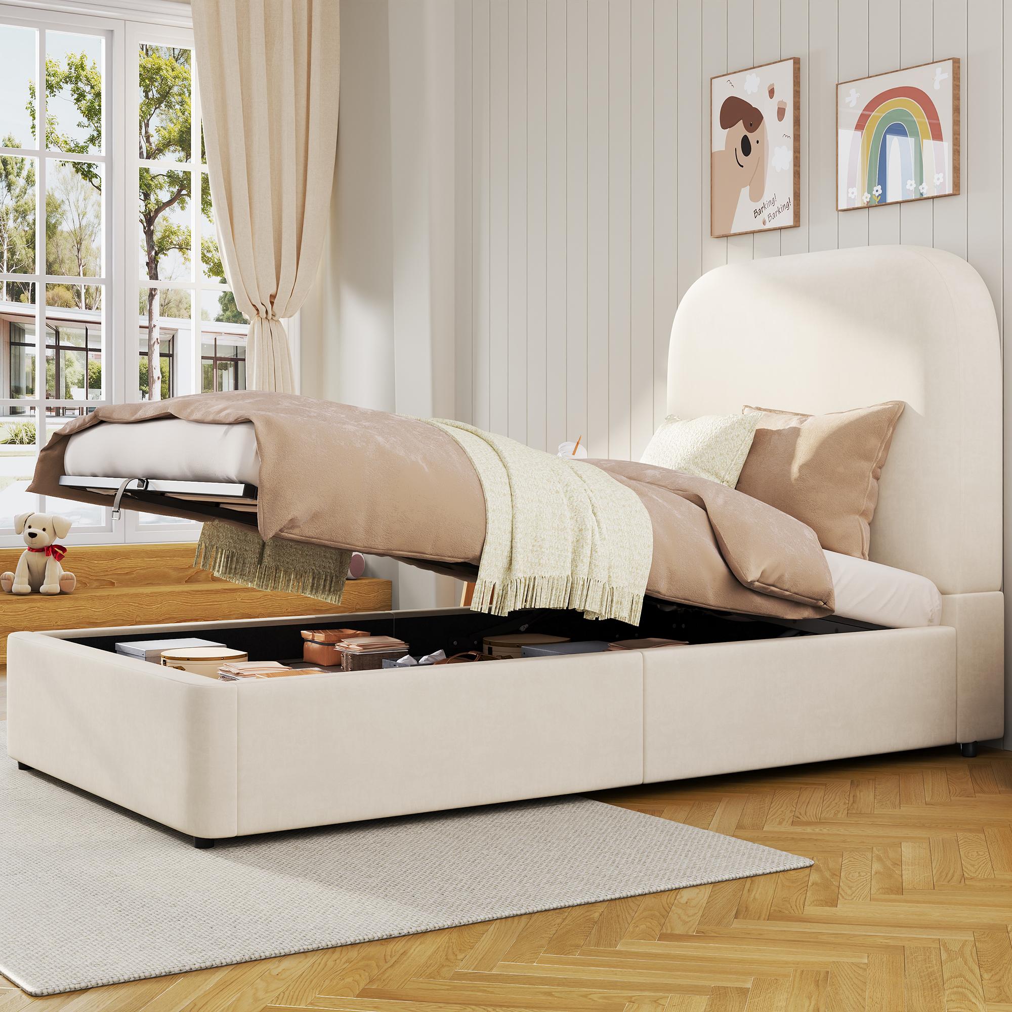 STILVORA Polsterbett 90x200cm mit Matratze Bettgestell mit Lattenrost, hydraulisches Funktionsbett Einzelbett mit großem Stauraum, gepolstertes Kinderbett Für kleine Räume geeignet, Samt, Beige