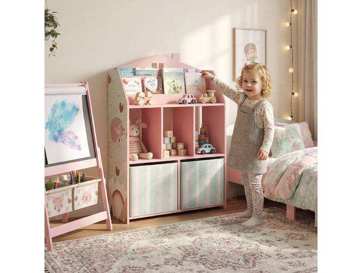 Étagère à jouets pour enfants Aiyaplay avec tiroirs en tissu, étagères ouvertes, design renard, organisateur de jouets rose
