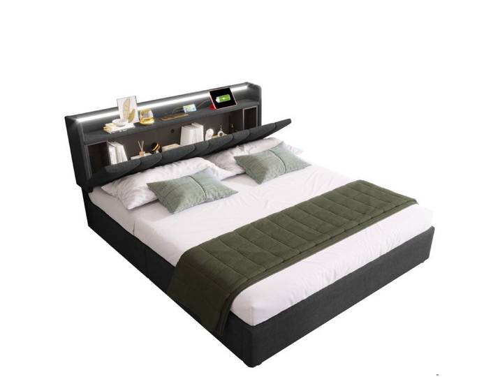 Stauraumbett 140x200cm mit gepolstertem Kopfteil USB Ladefunktion und integrierter LED-Beleuchtung grau