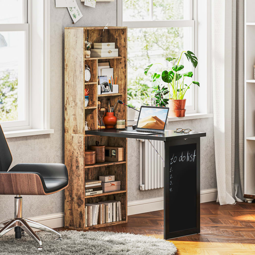 Homcom Bureau informatique pliable avec bibliothèque tableau noir mdf marron Marron 98x153x51cm