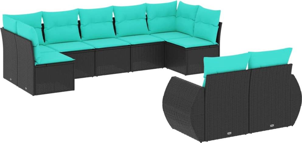 9-teiliges Gartensofa-Set mit Kissen, schwarzes Polyrattan