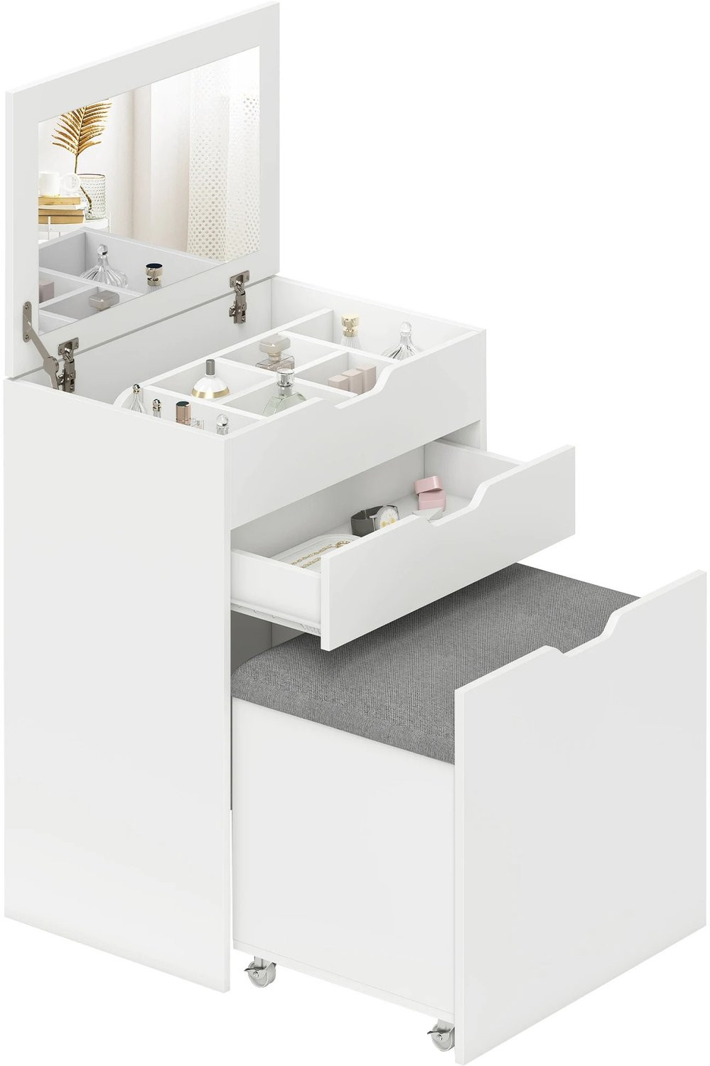 Atlasyx Makeuptafel met spiegel, kruk en lades, wit, B/D/H: 60 x 40 x 114 cm