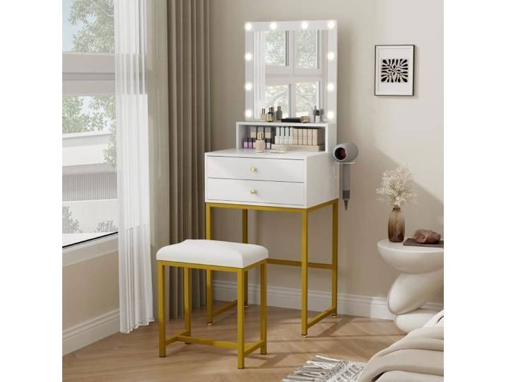 Coiffeuse avec Miroir LED à Luminosité Réglable et Tabouret 2 Tiroirs 10 Ampoules Table de Maquillage Blanc