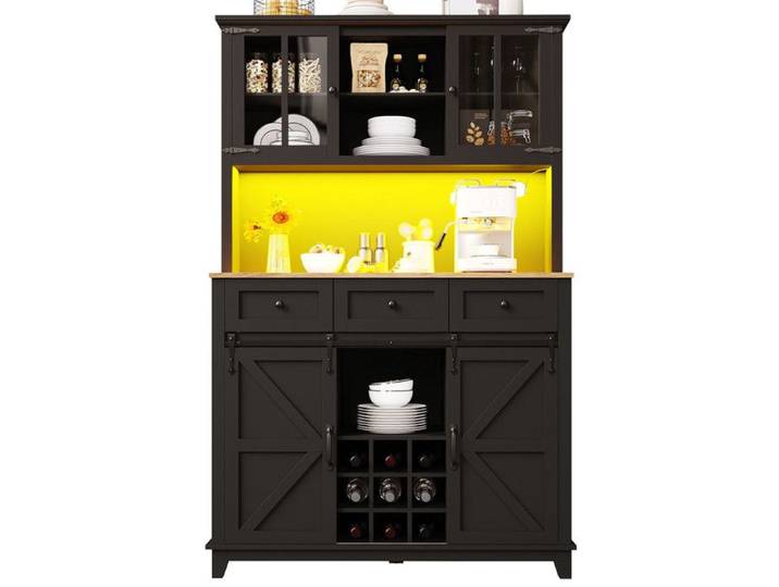 Buffet de Cuisine avec éclairage LED Armoire de Cuisine Haute Meuble Cuisine Rangement avec Portes Vitrées 105×38.4×180cm Noir