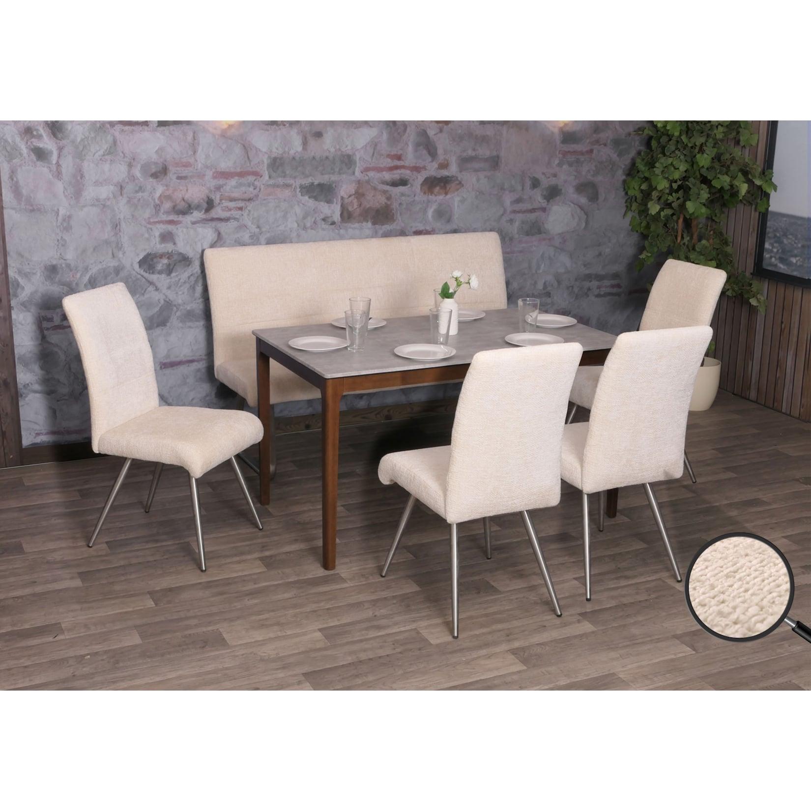 Esszimmer-Set MCW-G55, 4er-Set Stuhl + Sitzbank 160cm, Edelstahl gebürstet Stoff/Textil Chenille ~ creme