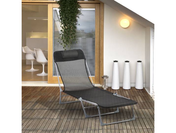 Outsunny Transat Inclinable Pliable Noir Oreiller Réglable